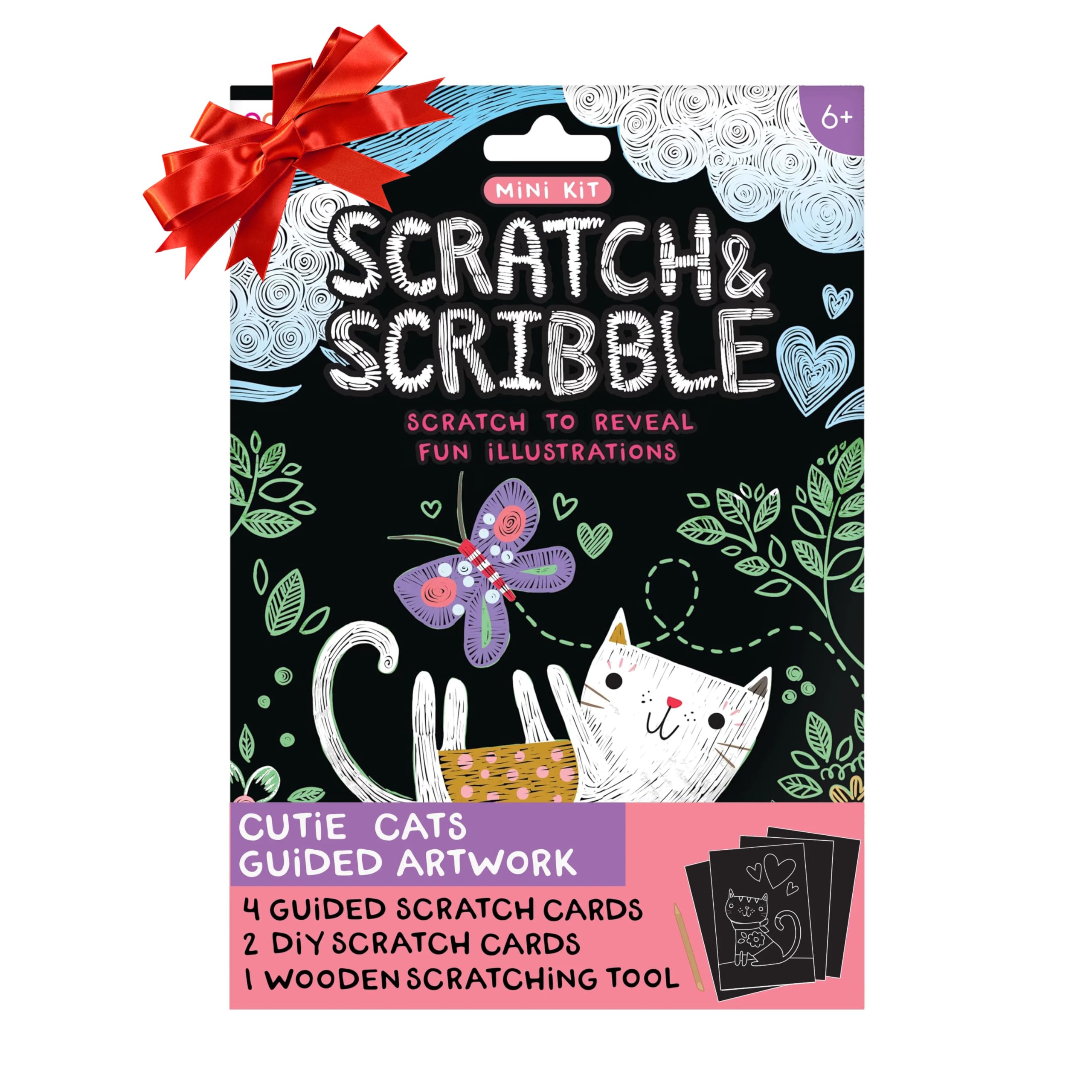 Ooly Mini Scratch & Scribble Art Kit - 6 Card Rainbow Scratch Art Set Gifts for Kids, Travel-Friendly Craft Kit, Wooden Tool Included - Cutie Cats