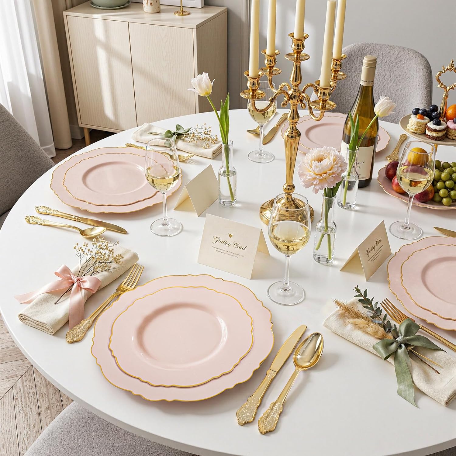 WDF 100pcs Pink Plastic Plates - High-end Baroque Design - Pink and Gold Plates for Upscale Party & Valentine's Day - Including 50 Disposable Plate 10.25inch, 50Salad Plate 7.5inch - Image 8