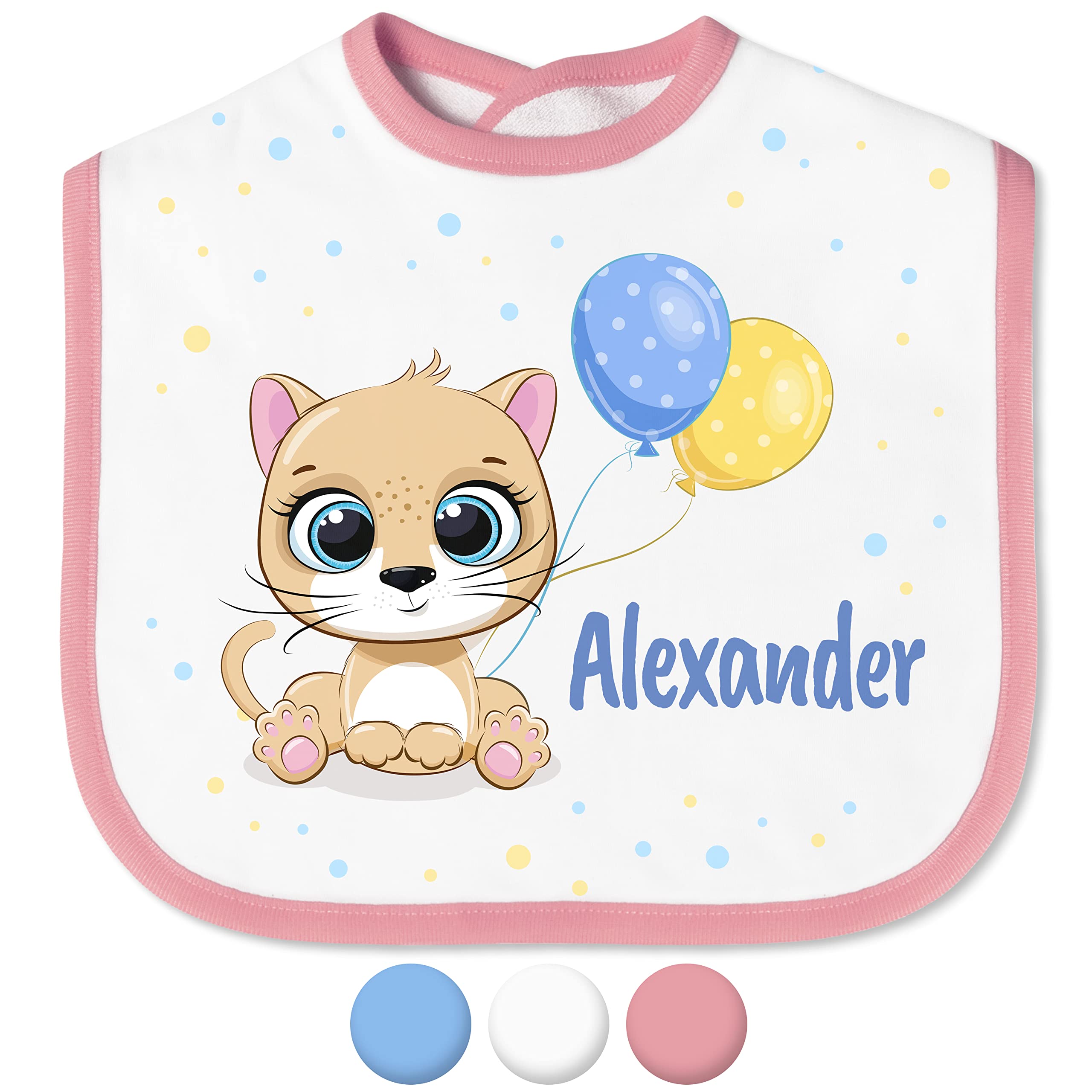 Babylätzchen mit Namen für Mädchen & Jungen – Lätzchen für Baby & Kleinkind personalisiert - mit Klettverschluss – Spucktuch Latz Kinderlätzchen - Geschenk für Kleinkinder (Katze, Rosa)