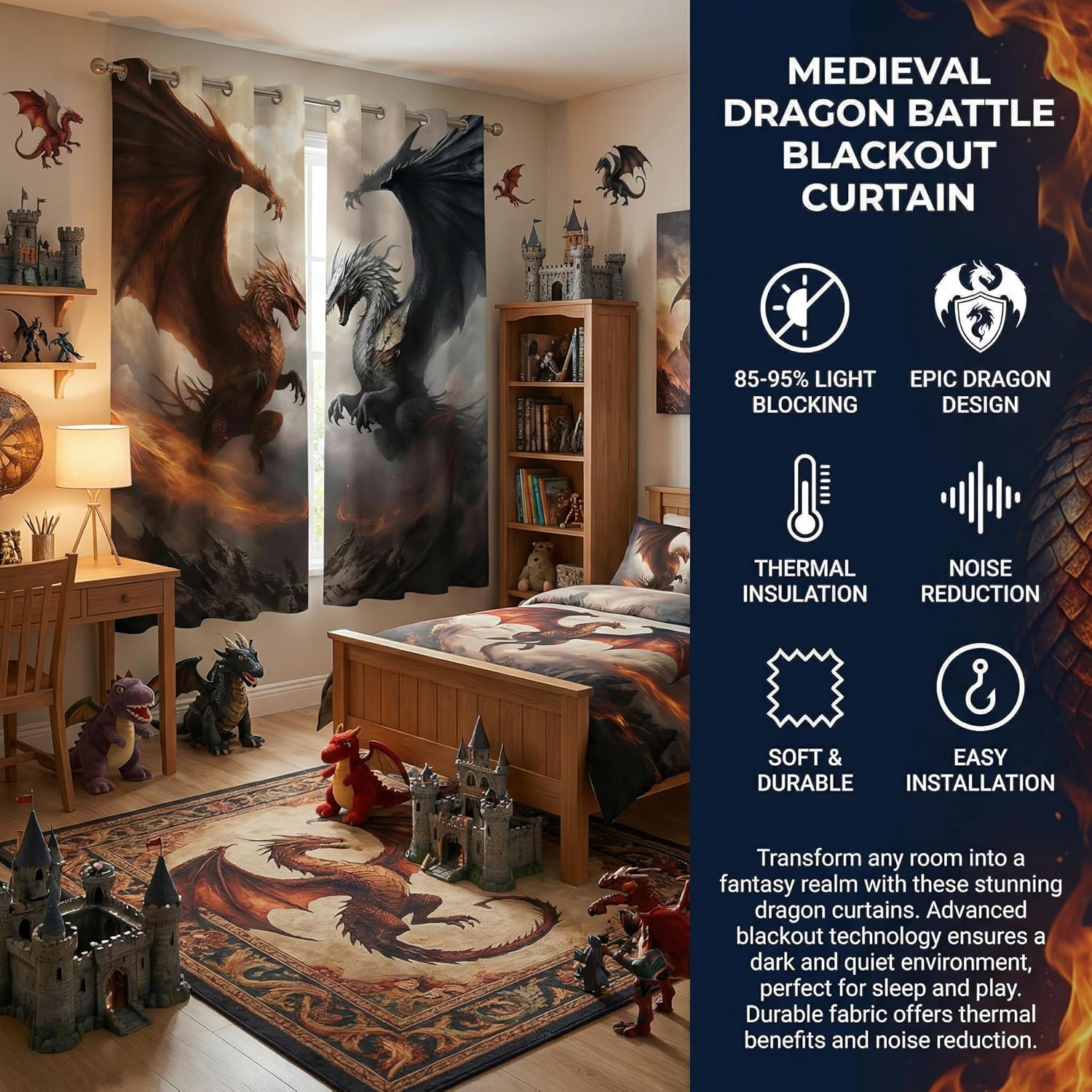Dragon Blackout Curtains for Girls Boy Home Decor, Fantasy Medieval Magical Animal Grommet Thermal Insulated Drapes Darkening Window Curtain for Bedroom Living Room, 42 x 45 Inch