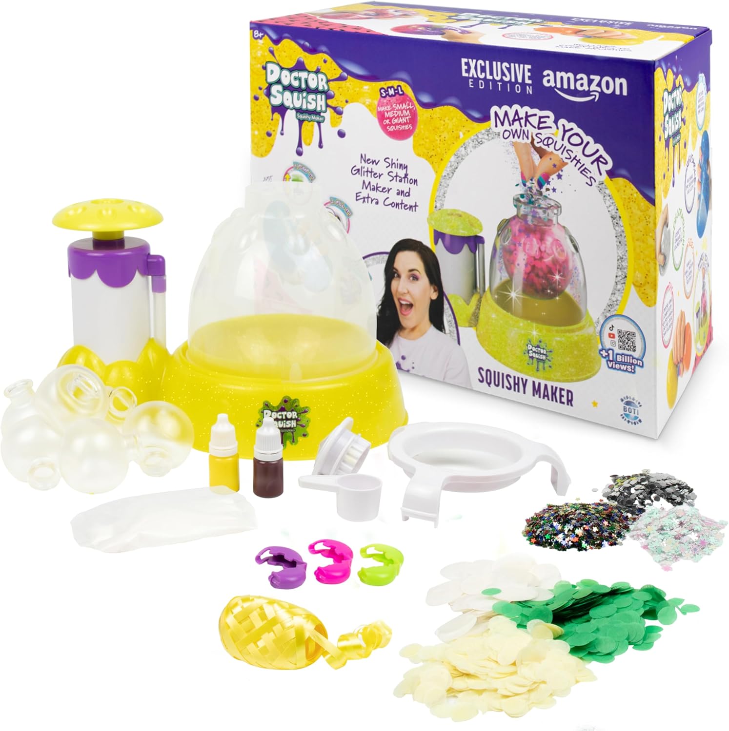 Doctor Squish: Squishy Maker, New Shiny Glitter Station Maker, Decorate with Confetti, Sparkles & Colored Ink, Variety of Sizes, Just Add Water to Make Your Own Slime, Amazon Exclusive, For Ages 8+