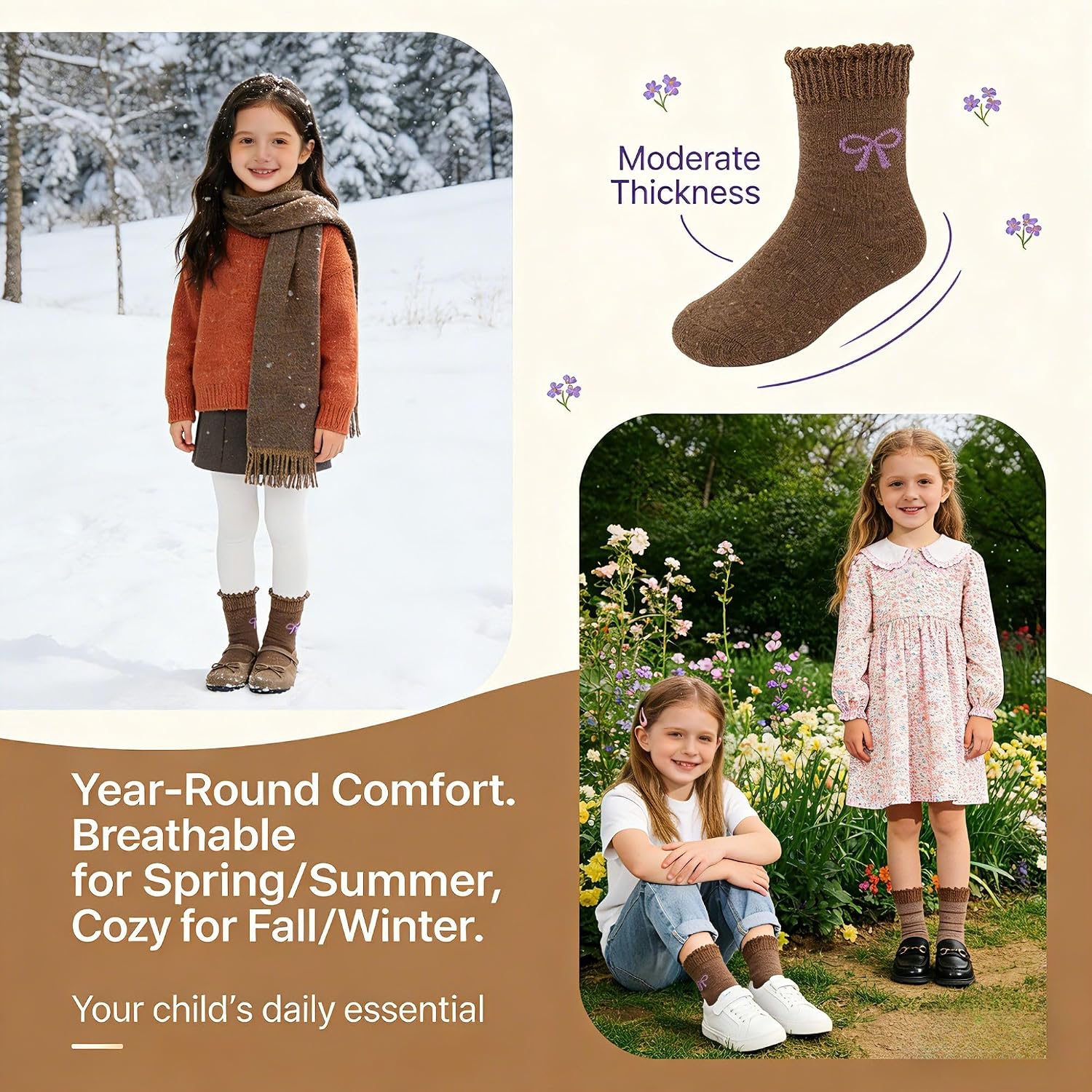 Girls Crew Socks - Soft Cotton Socks with Cute Bows Patterns for School & Daily Wear 5 Pairs, Ages 3-12