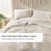 Vista 4 de Codi Juego de edredón beige tamaño individual para niñas, ropa de cama con diseño de flecos de pompones, ropa de cama bonita de microfibra lavada