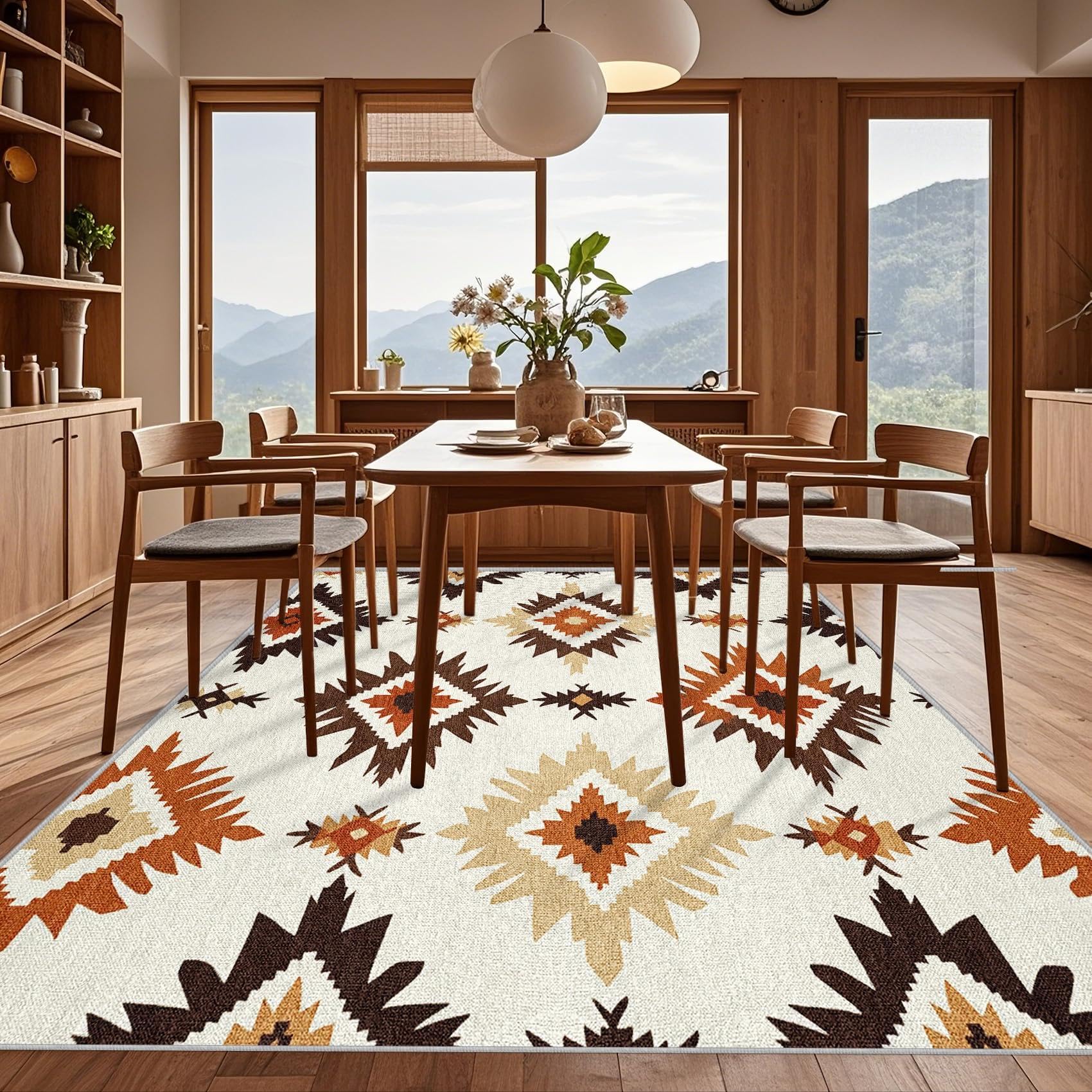Tapis aztèque du sud-Ouest pour Salon 70 x 140 cm, Tapis amérindien pour entrée, Chambre à Coucher, Tapis de Sol d'intérieur géométrique bohème, paillasson Lavable et antidérapant, Marron