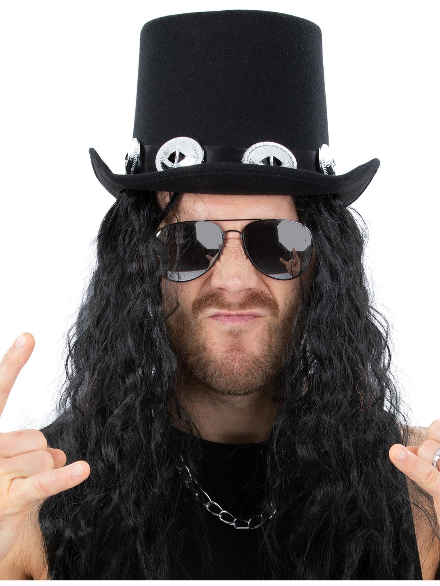 70s Glam Rock Kit Hat with Hair and Specs Classic Rockstar Fancy Dress Accessory for Adults Includes Black Top Hat Long Curly Wig and Aviator Sunglasses Ideal for Costumes Parties and Festivals