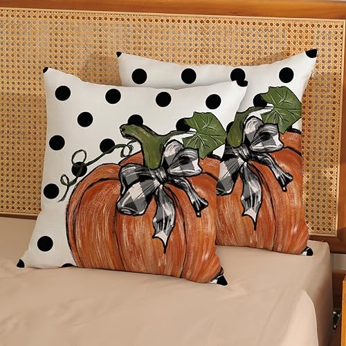 Miniatura 5 de Juego de 2 fundas de almohada de lunares de calabaza otoñal de 16 x 16 pulgadas, juego de 2 fundas de almohada de cosecha de otoño para decoración