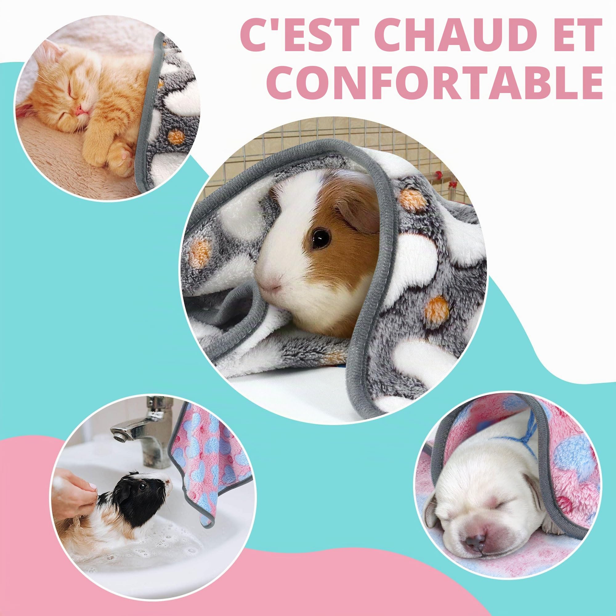 Lot de 6 couvertures pour cochons d'Inde réutilisables - En polaire - Pour petits animaux - Absorbant - Lavables - Pour hamsters, furets, hérissons et