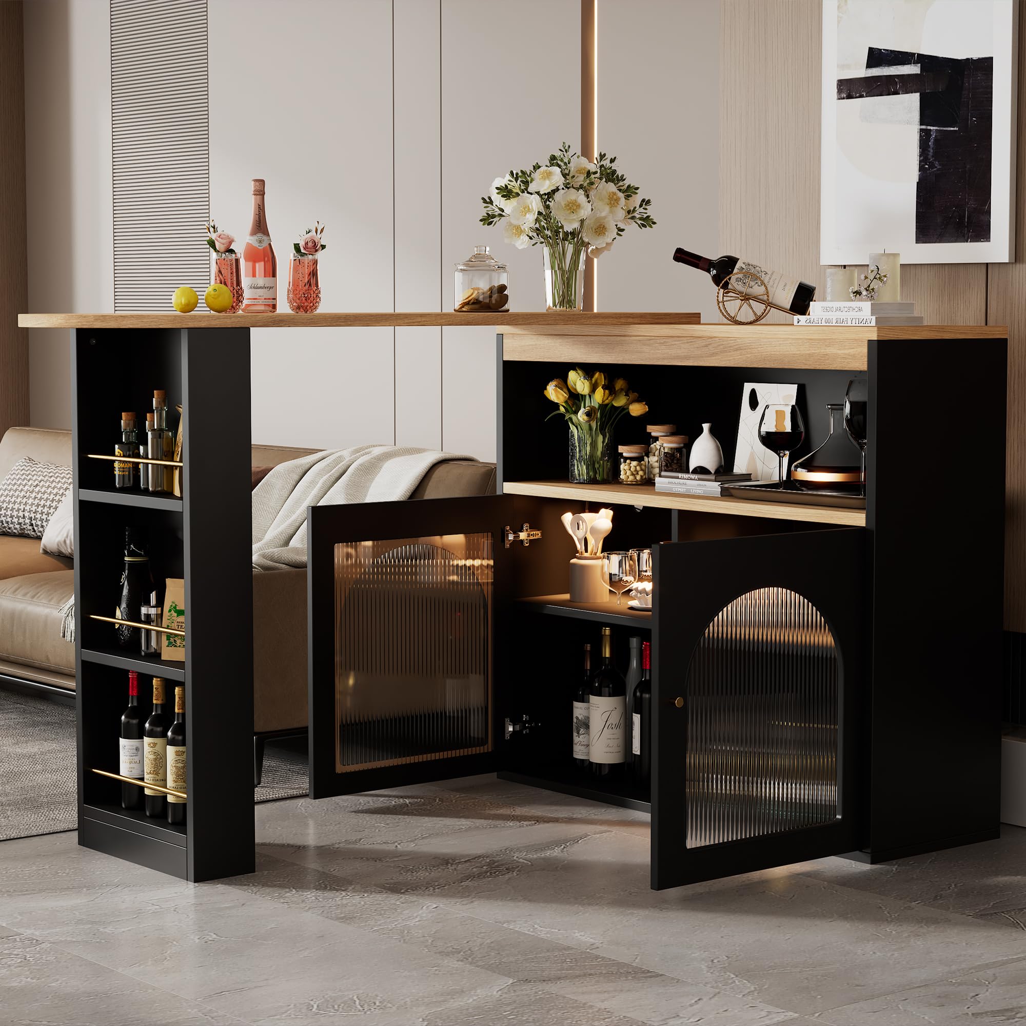 Îlot de Cuisine Extensible 138-205 cm, Table Bar Pivotante 360°, Meuble Rangement Porte Vitrée et Étagères, Table Haute Moderne pour Salle à Manger et Bar (Noir, 138 x 35 x 105 cm)