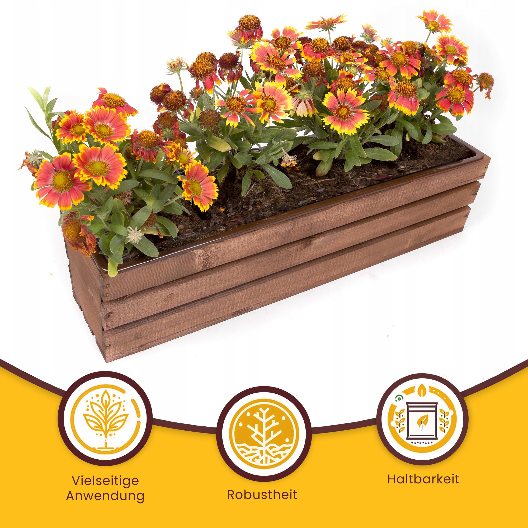 ECODECO Cassetta di Legno per Piante - Fioriera da Esterno con Inserto in Plastica - Vaso Rettangolare 18x60x15 cm per Balcone e Giardino - Contenitore Robusto Marrone