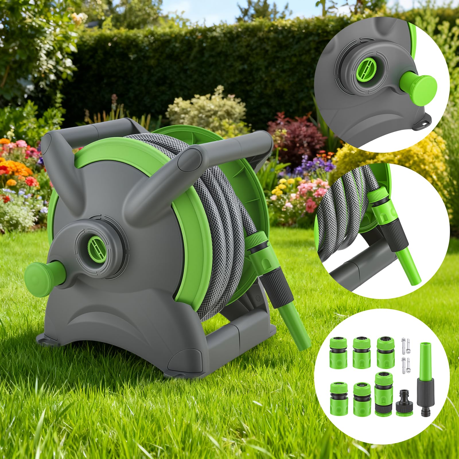Garden Enrouleur de tuyau de 20 m avec 6 dévidoir mobile de tuyau d'arrosage - Enrouleur de tuyau mobile - Montage mural peu encombrant et amovible à tout moment - Seringue et pièces du système