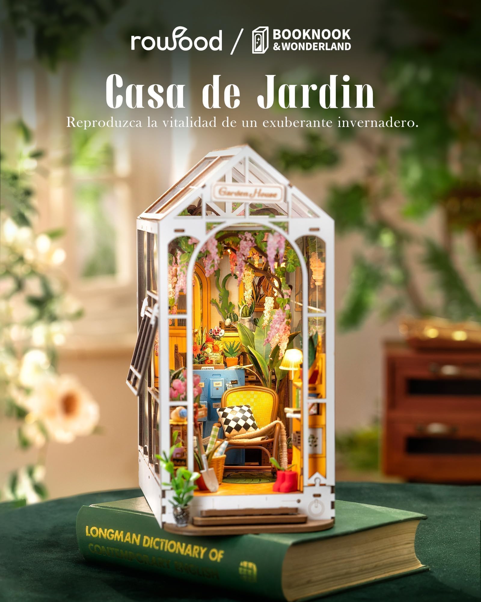 ROWOOD Book Nook Kit Gardenhouse, Booknook DIY Miniaturowy zestaw do domu ze światłem LED, podpórki do książek, zestawy modeli dla dorosłych do budowania, 3D, drewniane puzzle, regał na książki
