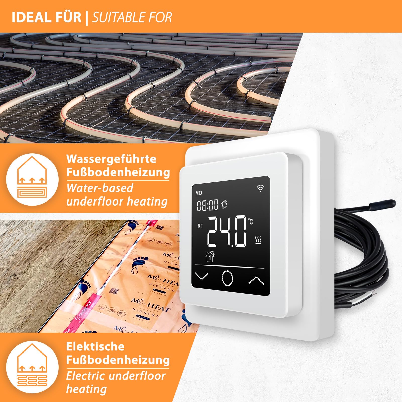 Mi-Heat Mi-750 Raumthermostat WLAN weiß - Tuya Smart App Alexa Google Home - wassergeführte und elektrische Fußbodenheizung - Sensoren kalibrierbar