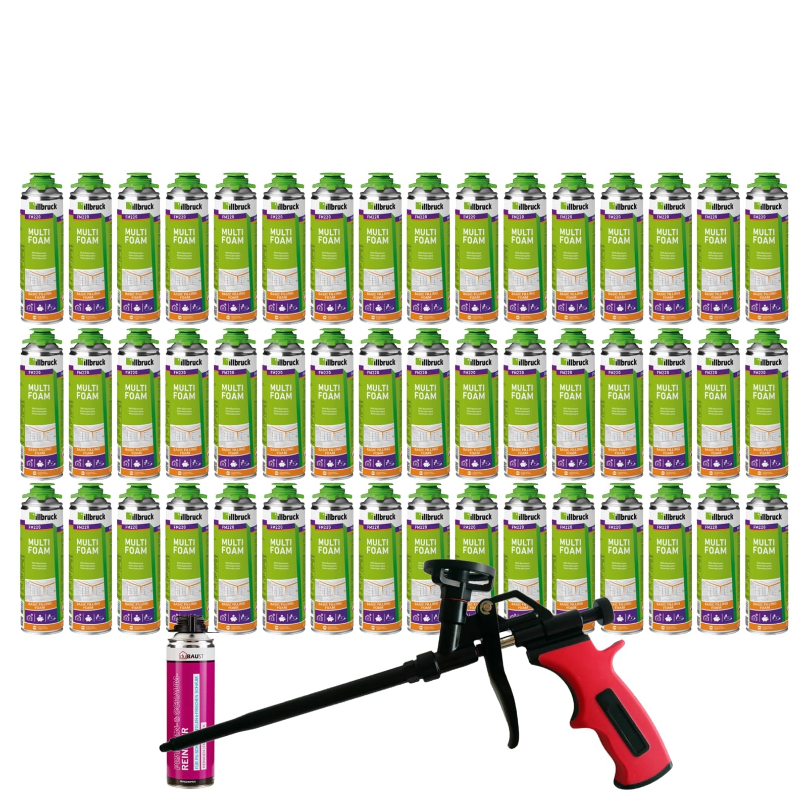 FM220 pianka budowlana, pianka montażowa, pianka do pistoletu, pianka okienna, wysoka izolacja akustyczna, izolacja cieplna, 500 ml, zestaw kombi (z środkiem czyszczącym AA290 + pistolet piankowy