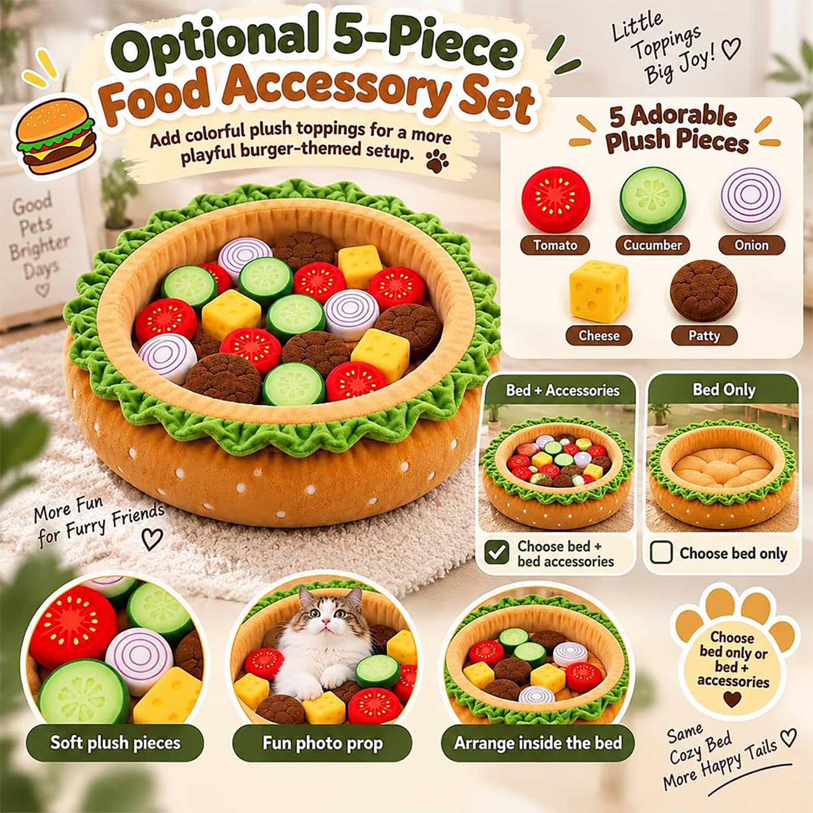 Generisch Hamburger Hundebett, Süßes Interaktives Haustiernest In Hamburgerform (Mit Spielzeug,35CM)