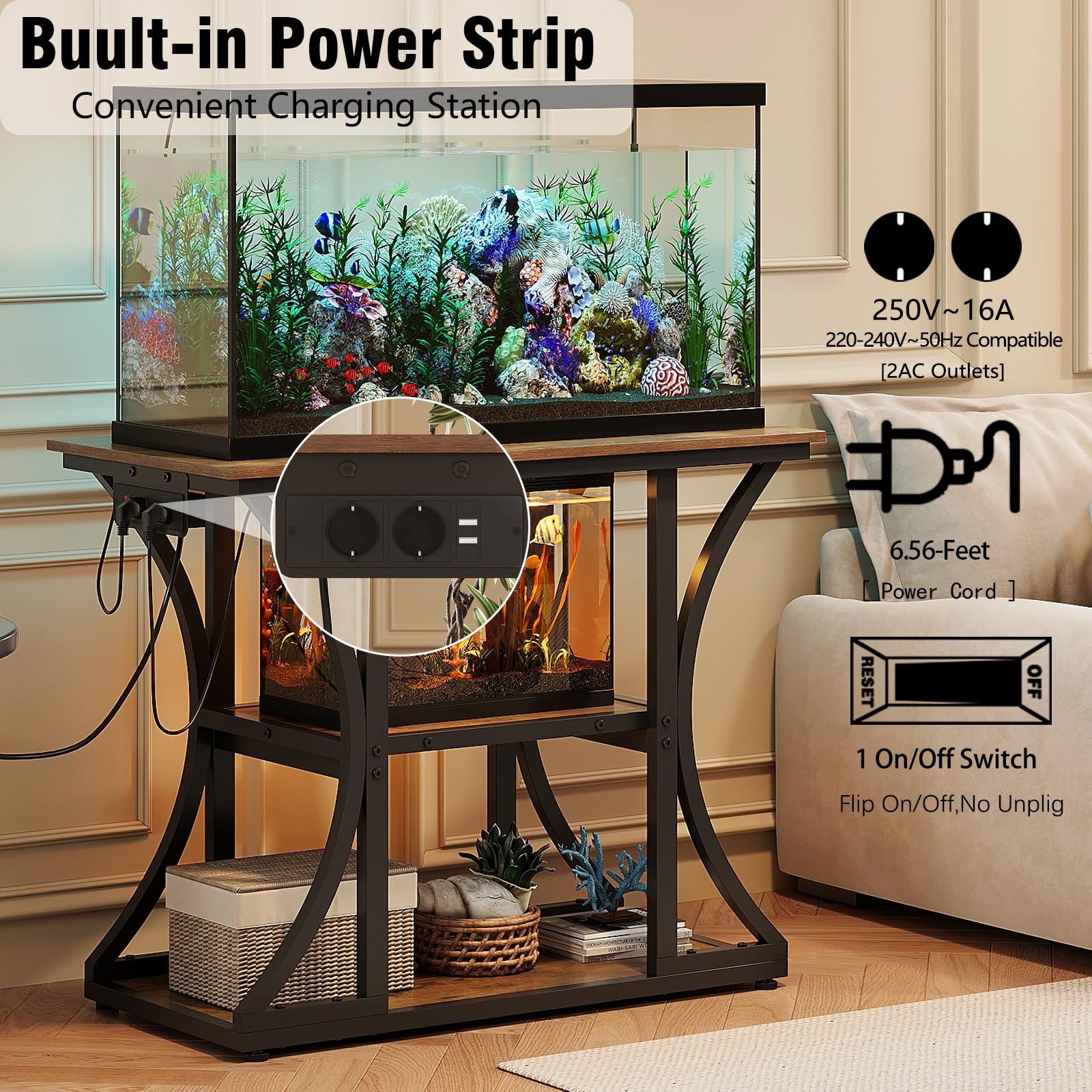 VEDECASA Support d'aquarium rustique à 3 niveaux pour aquarium, reptiles et terrariums, cadre en métal robuste (marron)