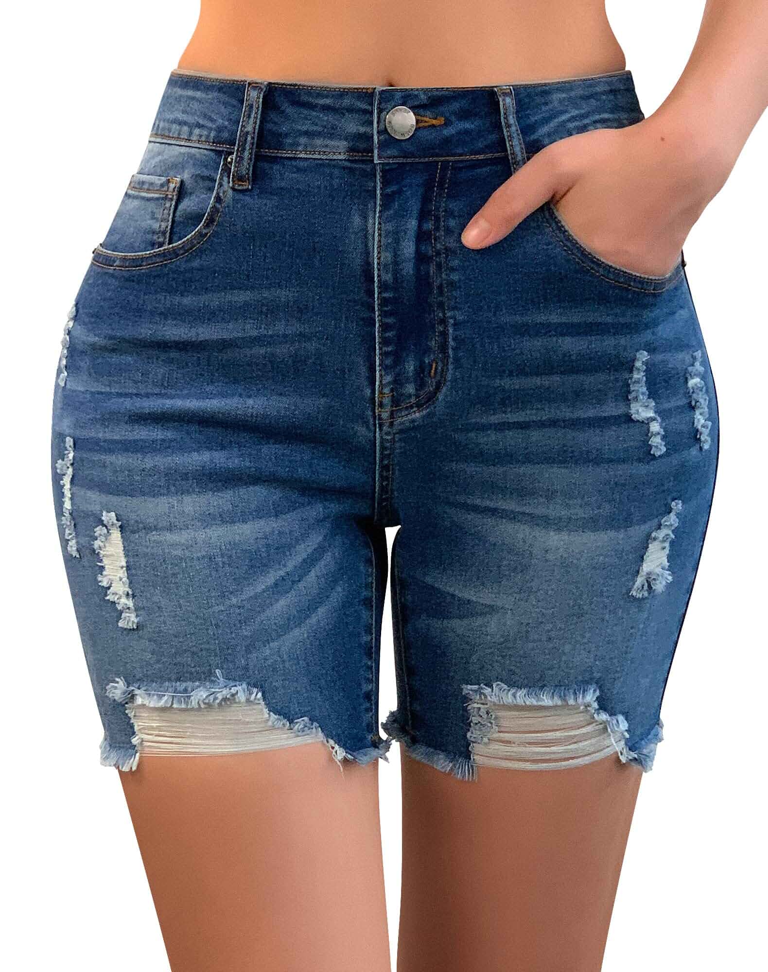 roswear Women’s Casual Summer Ripped High Waisted Shorts Stretch Distressed Frayed Raw Hem Jean Shorts