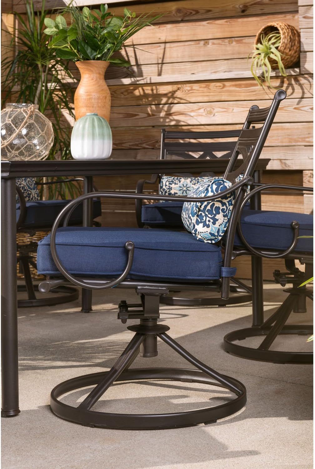 Hanover Montclair 7-Piece All-Weather Outdoor Patio Dining Set, 6 Swivel Rocker Chairs with Comfortable Navy Seat and Lumbar Cushions, 40"x66" Stamped Rectangle Table, MCLRDN7PCSQSW6-NVY : Patio, Lawn & Garden