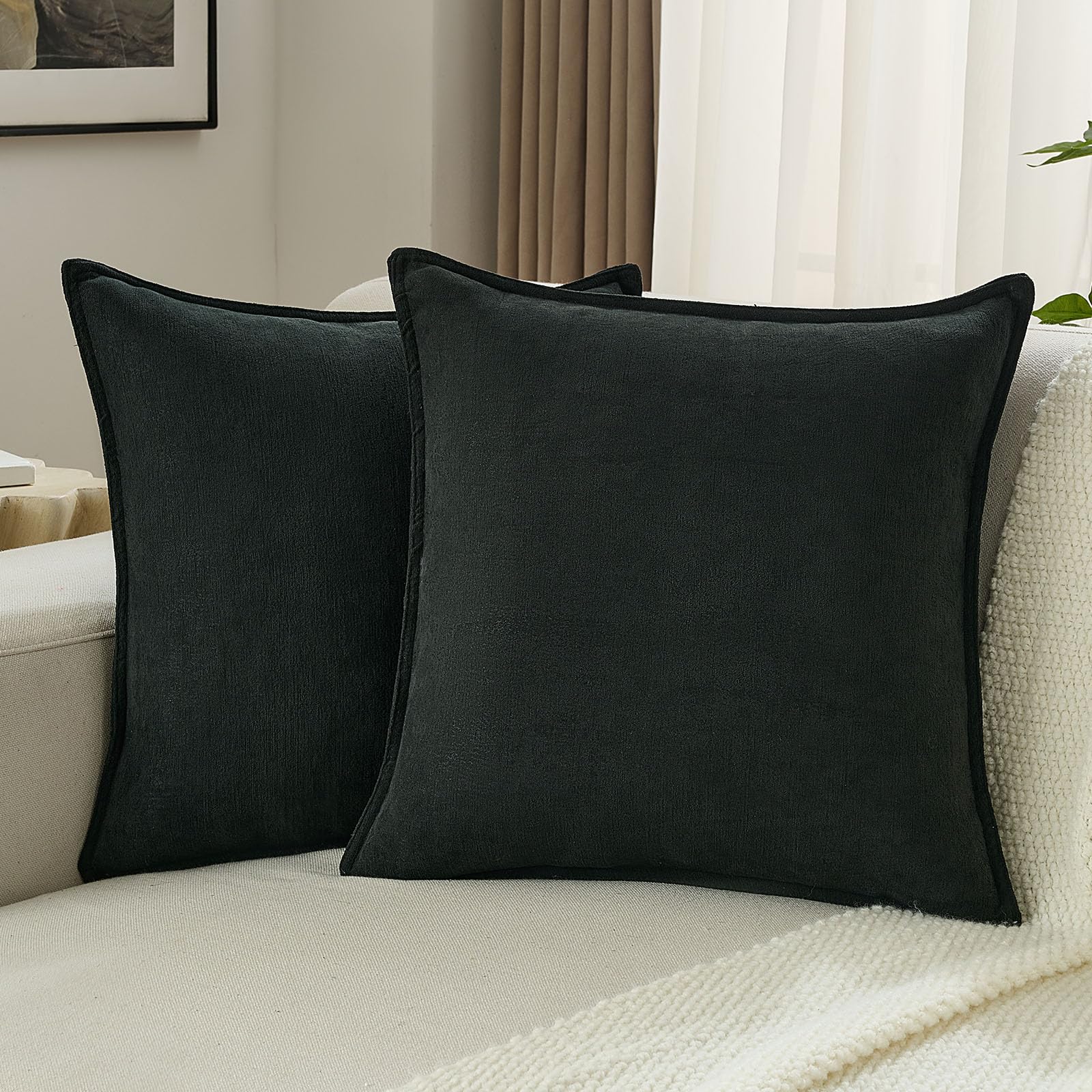 FUTEI Set of 2 Solid Chenille Cushion Covers 65x65 cm, Black — image 1