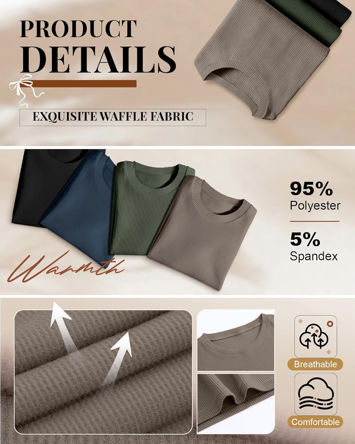 3 Pack Women's 3/4 Sleeve Waffle Knit Tops Oversized Crewneck T-Shirts Loose Casual Blouses Side Split Tees - Image 5