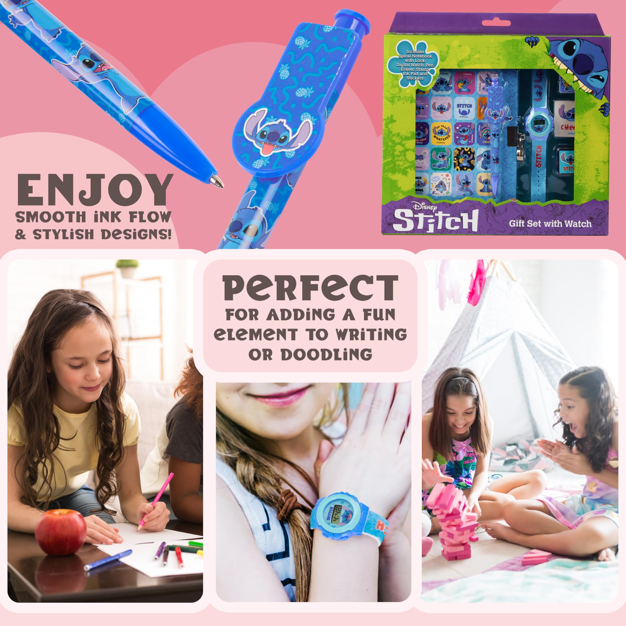 Disney Stitch Set de Regalo con Reloj Digital, Diario con Candado y Boligrafo
