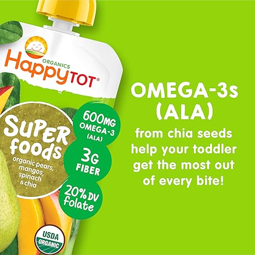 Miniatura 6 de Happy Tot Etapa orgánica 4 Super Foods Peras Mangos y espinacas + Super Chia, 4.22 onzas Bolsa (Paquete de 16) (Embalaje puede variar) Sin GMO