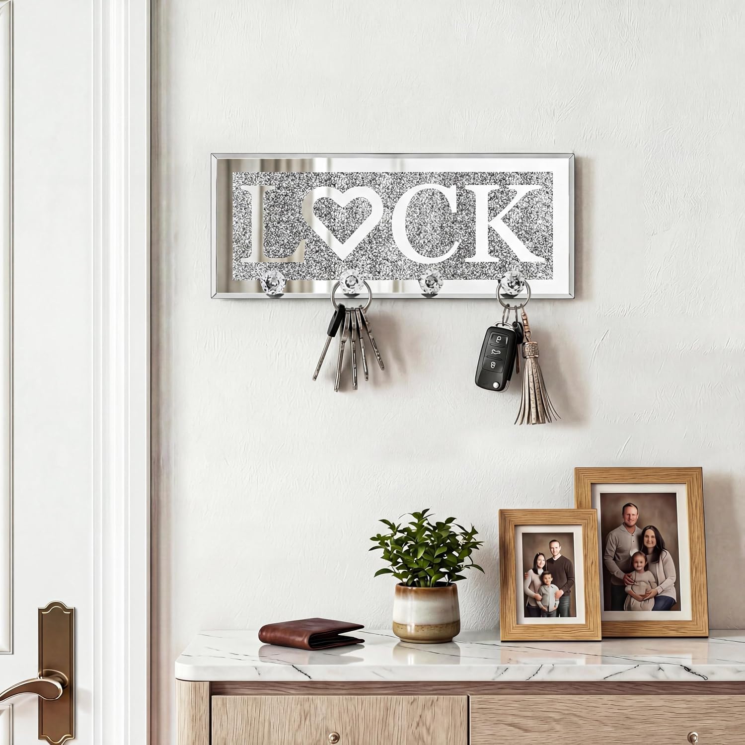 SHYFOY Crystal Clear Hooks Key Holder Key Hanger, Sparkly Mirrored Home Letters Plaque Sign for Decor, Silver Mirror Decoration Wall Art for Entryway Hallway Living Room, Lock Letter