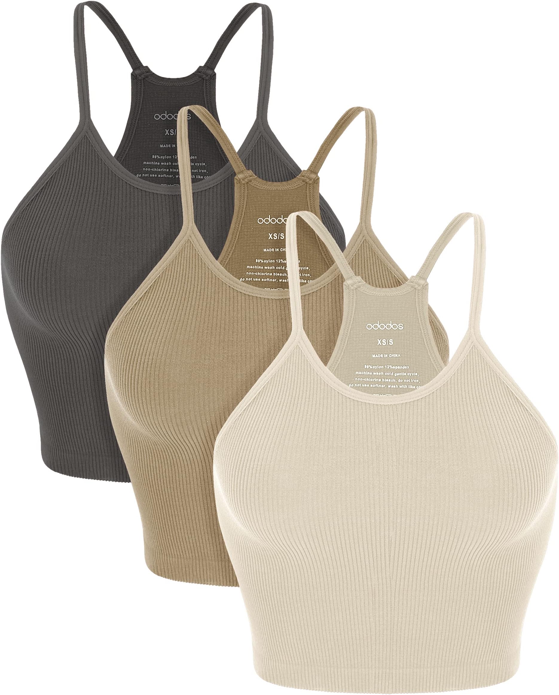ODODOS Women's Crop 3-Pack Seamless Rib-Knit Camisole Crop Tank Tops