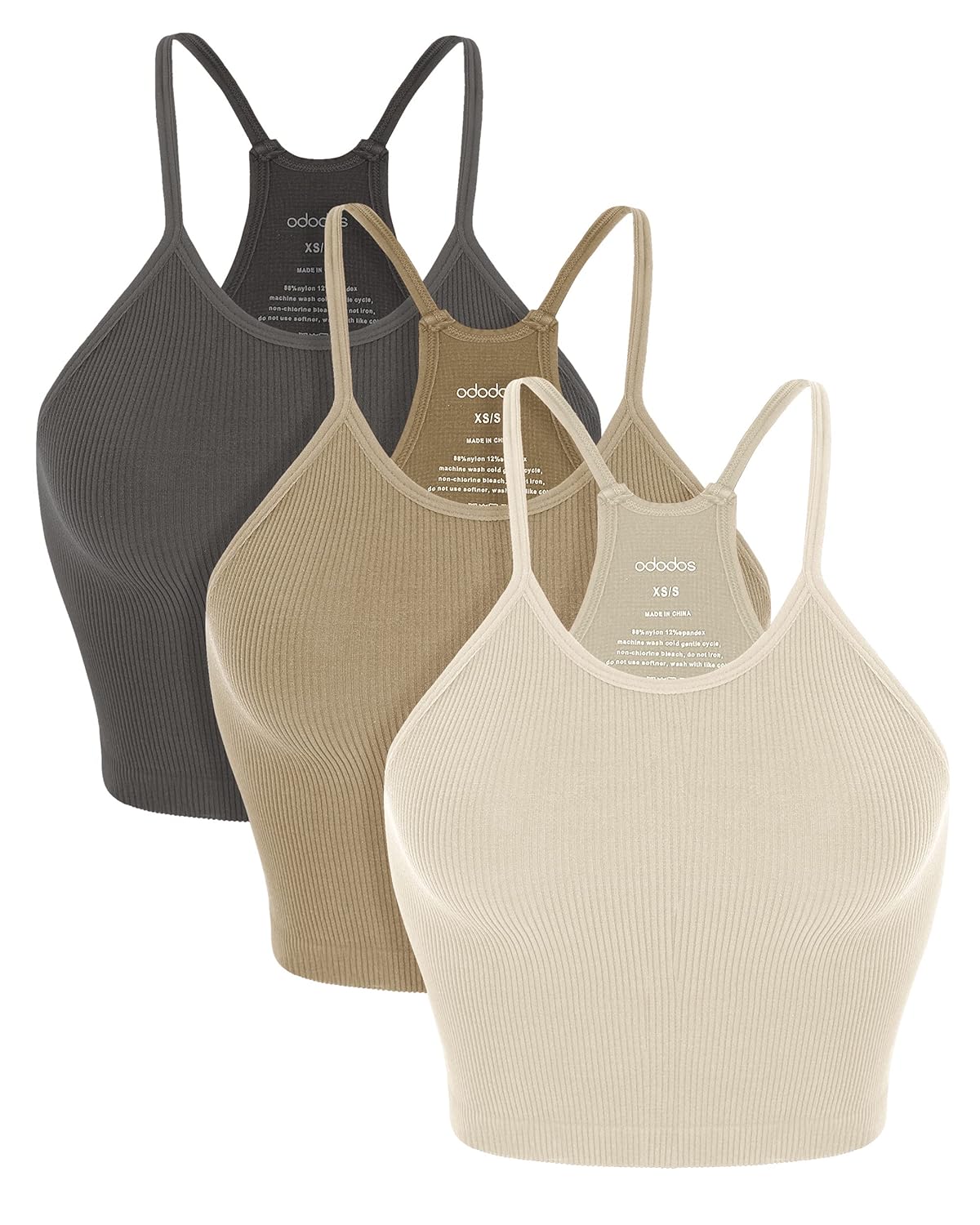 ODODOS Womens Crop 3-Pack Seamless Rib-Knit Camisole Crop Tank Tops
