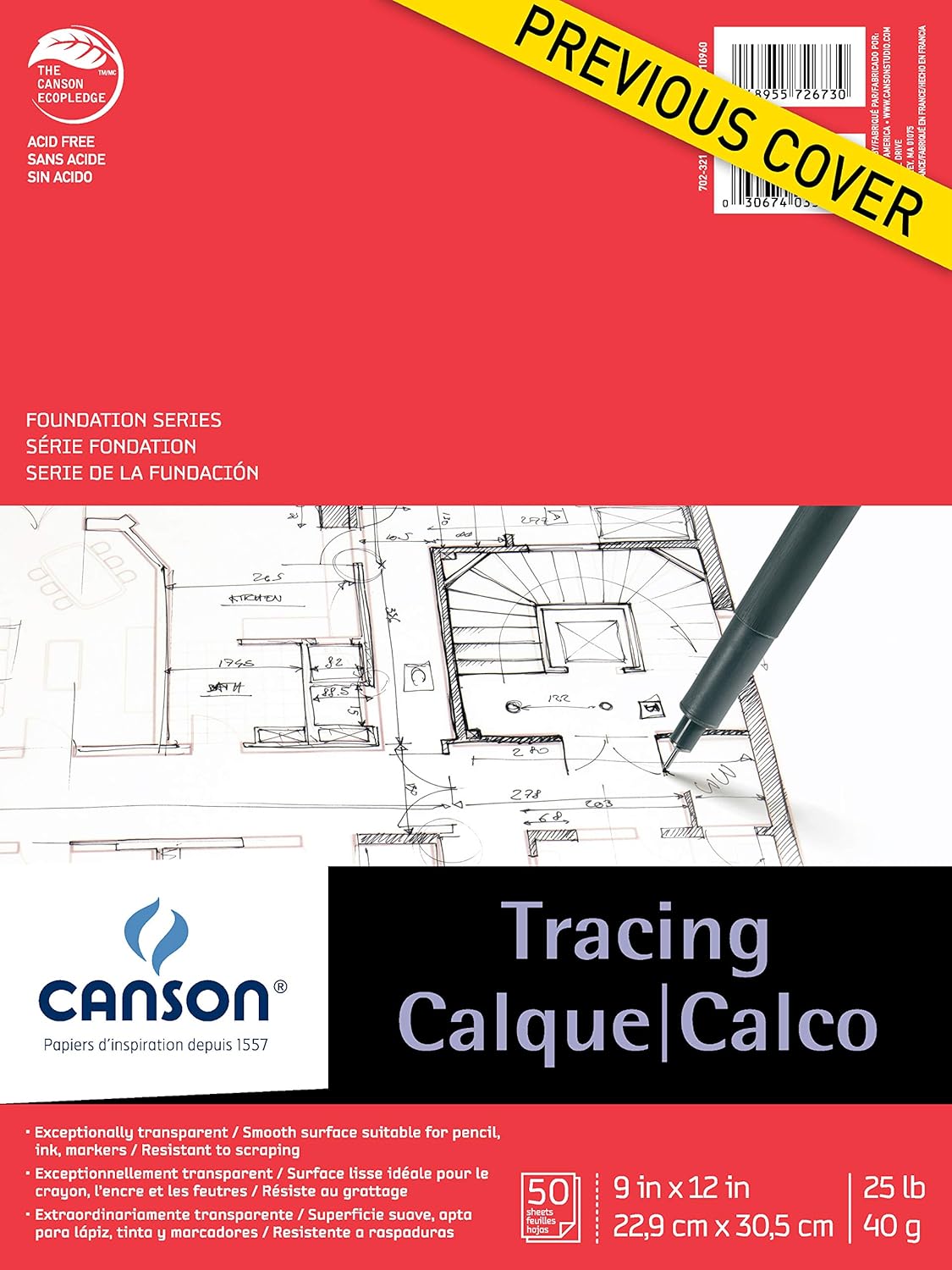 Canson Foundation Tracing Paper Pad for Ink, Pencil and Markers, Fold Over, 25 Pound, 11 x 14 Inch, 50 Sheets