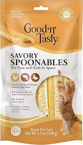 Good 'n' Tasty Cucharas sabrosas con pollo real, salmón y pato, tubo de 10 unidades, golosinas húmedas exprimibles de triple sabor para gatos con