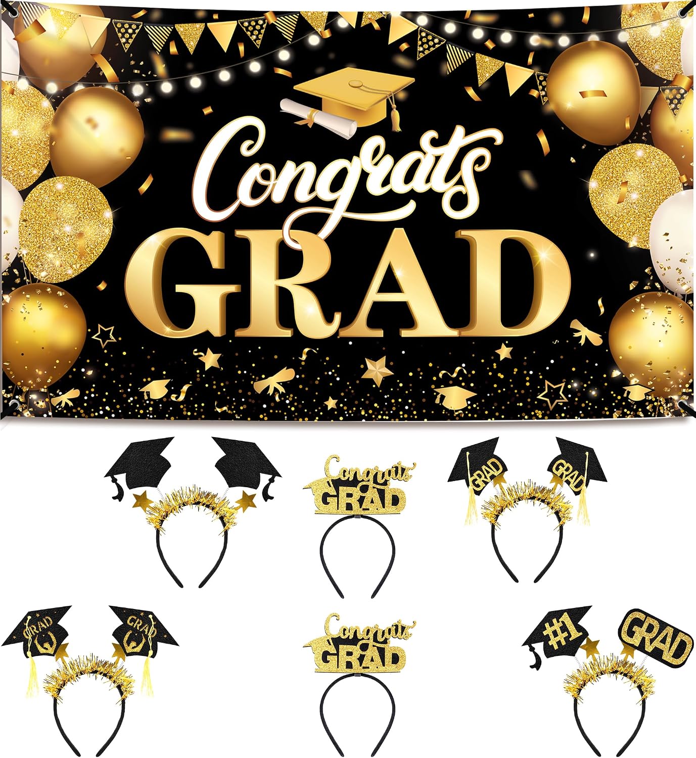 KatchOn, XtraLarge Congrats Grad Banner - 72x44 Inch, Congratulations Banner Congrats Grad Graduation Cap Headband - Pack of 6 | Felt Graduation Headbands, Graduation Decorations Class of 2026
