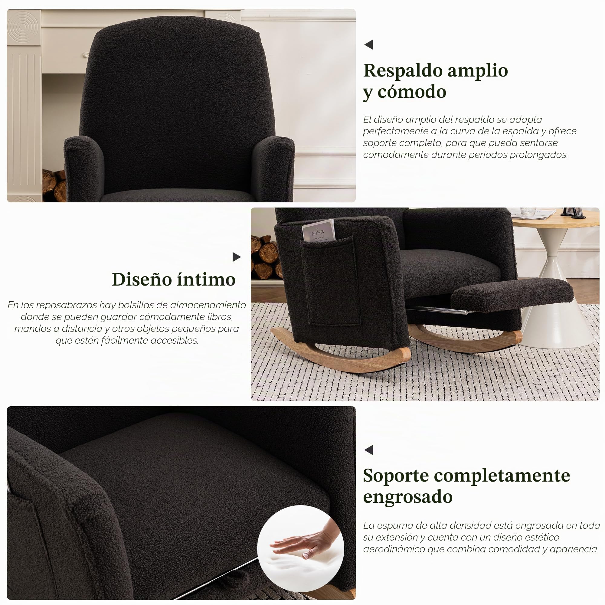 Soweiz Mecedora con taburete, sillón relax con otomana, mecedora para el salón, tela de peluche, 67x126x98 cm
