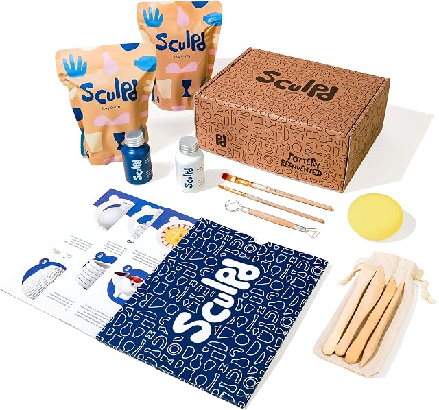 SCULPD Pottery Kit, Air-Dry Clay Starter Kit for Beginners with Varnish, Paint, Tool Set, Paintbrushes, Sponge and Step-by-Step Guide (Matte Varnish)