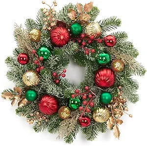 GarveeHome 16 Inch Prelit Christmas Wreath for Front Door, Artificial Xmas Wreath with Red Green Gold Ball Ornaments 30 Led Lights Battery Operated for Indoor Outside Fireplace Window Decor