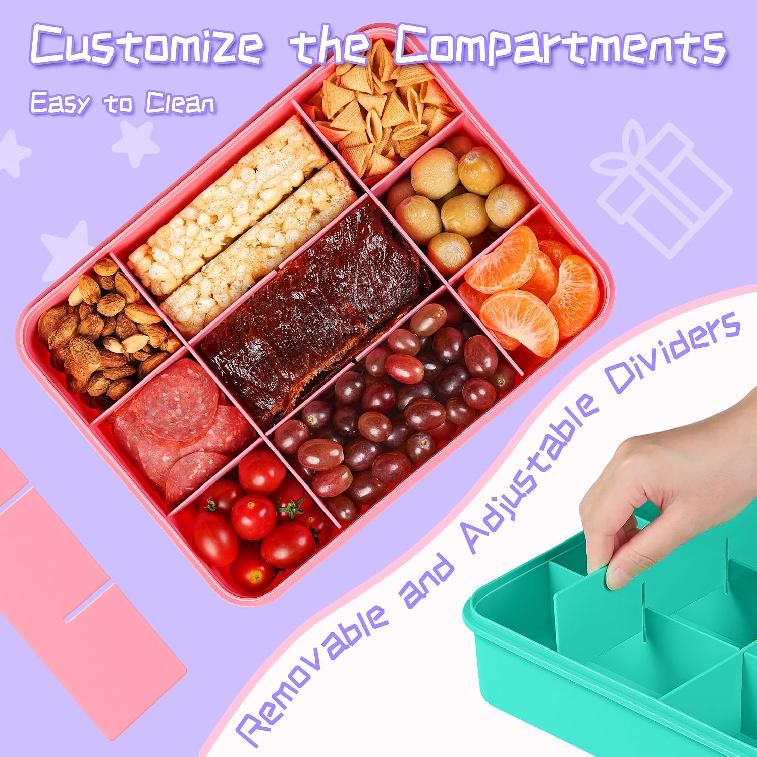 Xyptorix Snack Box Container for Kids - Adjustable 12-Compartment Snack Containers, Reusable Bento Box, Dishwasher Safe, BPA-Free, Perfect for School, Travel, Camping & Picnic, Pink & Green, Large