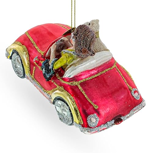 Miniatura 2 de Stylish Woman Driving Pink Cabriolet Blown Glass Christmas Ornament