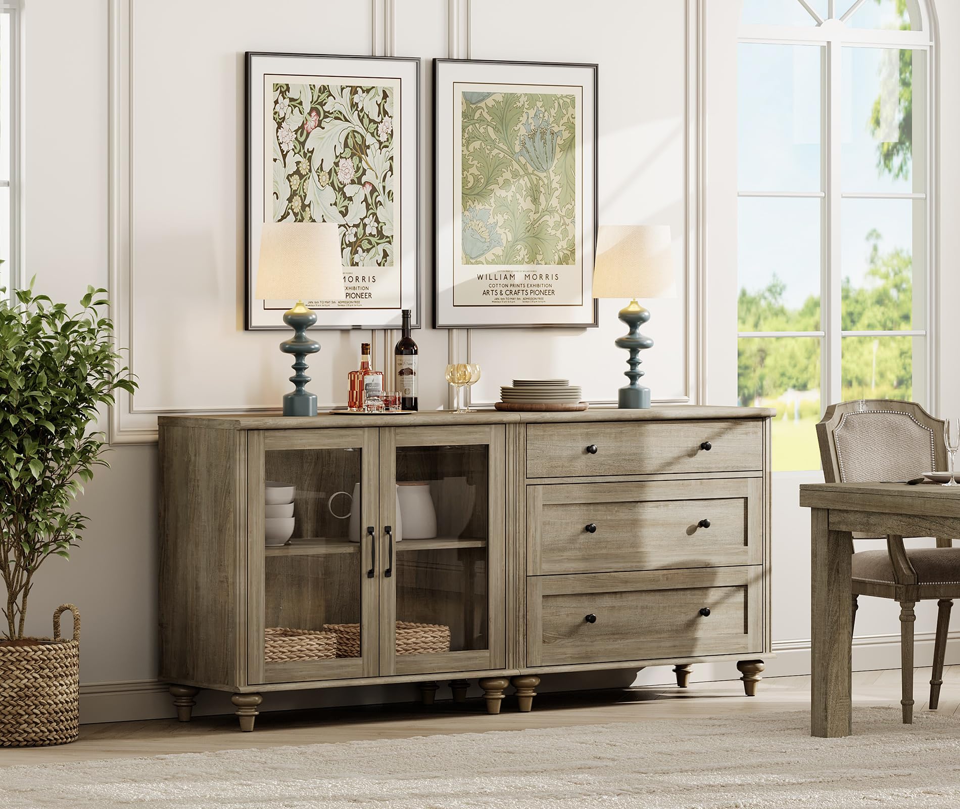 WAMPAT Sideboard Buffet Cabinets with Glass Door, 2-in-1 Kitchen Storage Cabinets, Wood Coffee Bar Tables with Adjustable Shelf & 3 Drawers for Dining Room, Living Room, Wash Grey