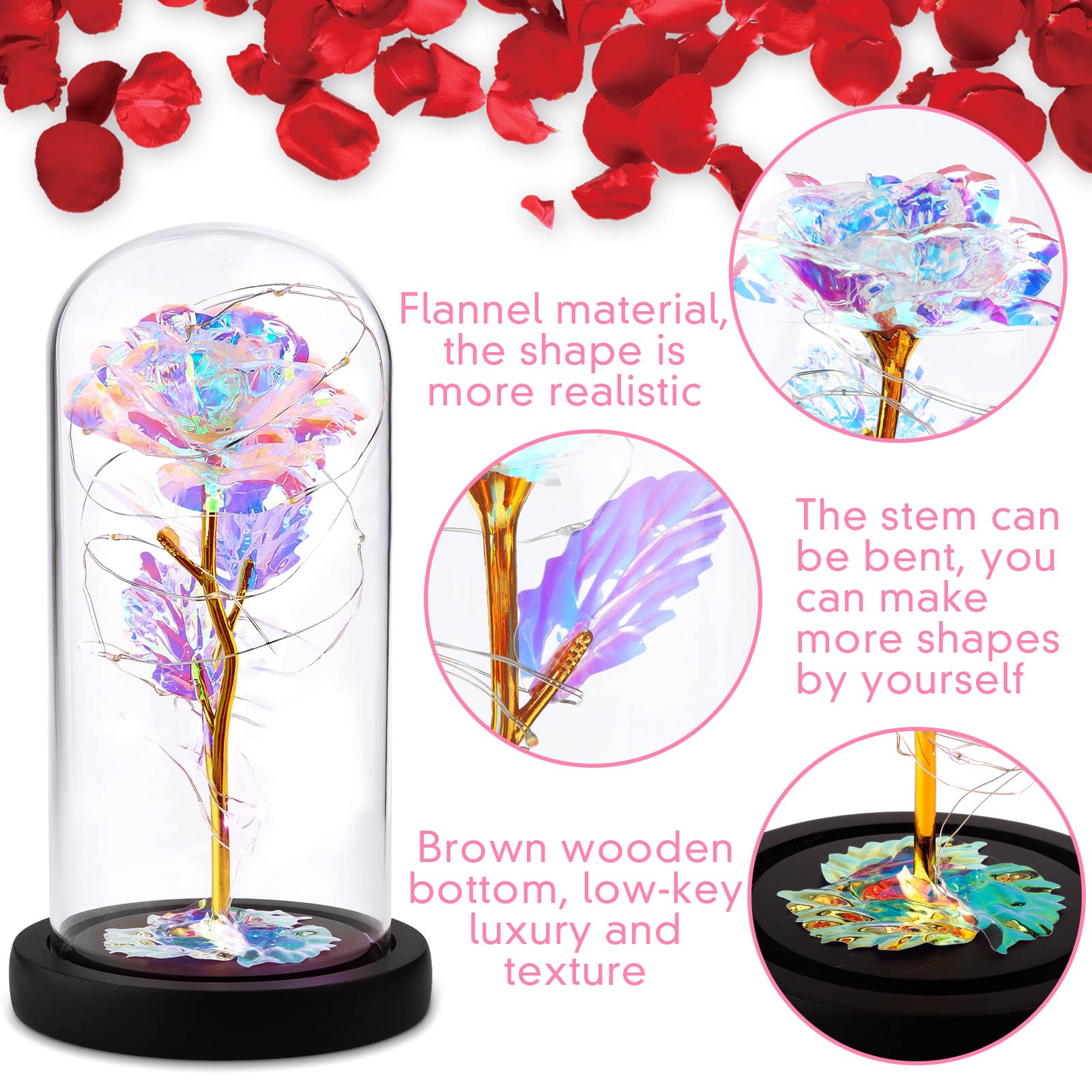 YUEHAO Beauty and the Beast Rose in Glass Dome LED Lights, Enchanted Rose Eternal Rose Set Made of Silk, Romantic Gift for Women, Wedding, Valentine's Day, Mother's Day, Anniversary, Christmas Day - Image 2