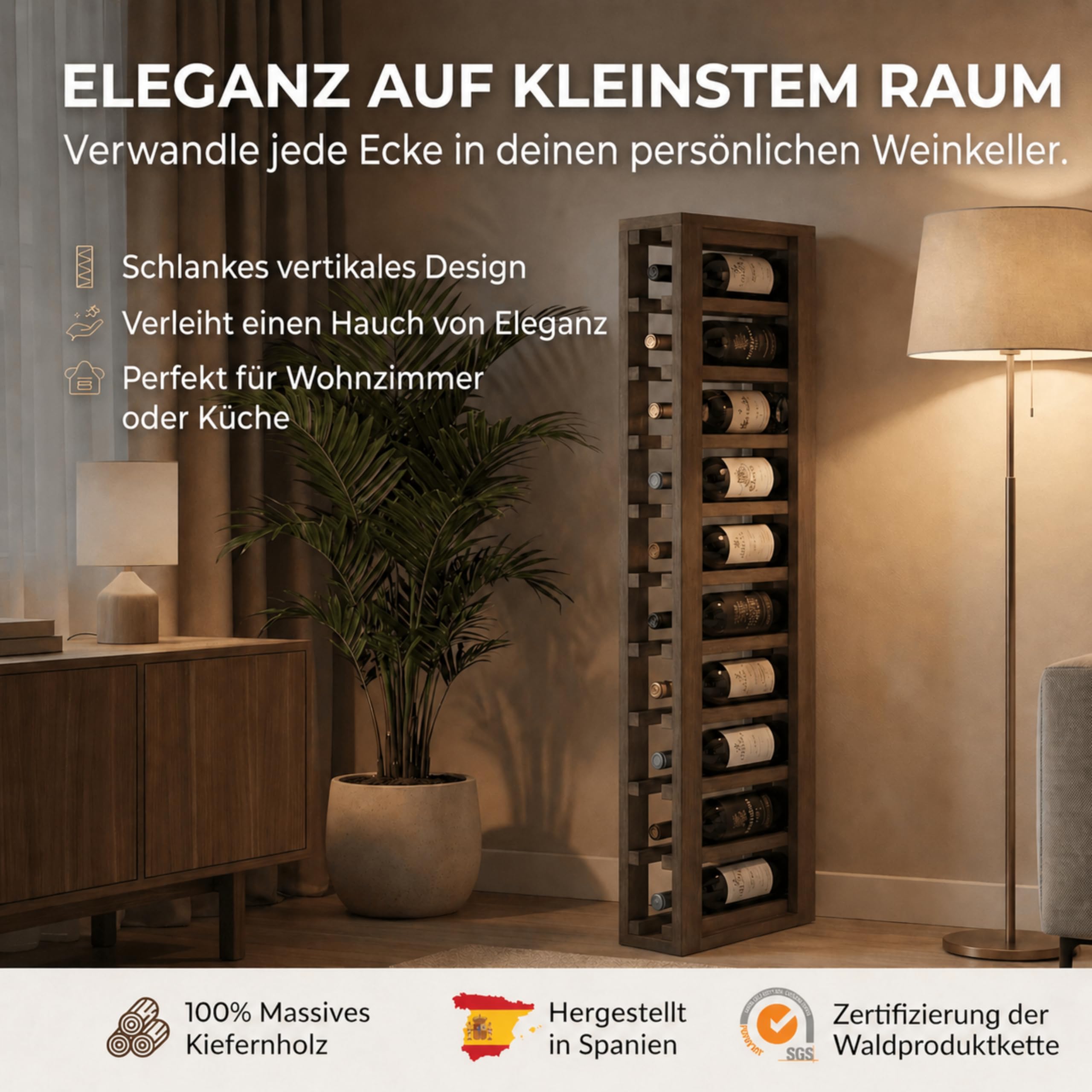 Weinregal Holz Kiefernholz 10 Flaschen - Dunkle Eiche | Weinregalmöbel, Weinregal schmal, Flaschenregal, Weinständer, Wine Rack 105x13x32 cm. Farbe Dunkle Eiche