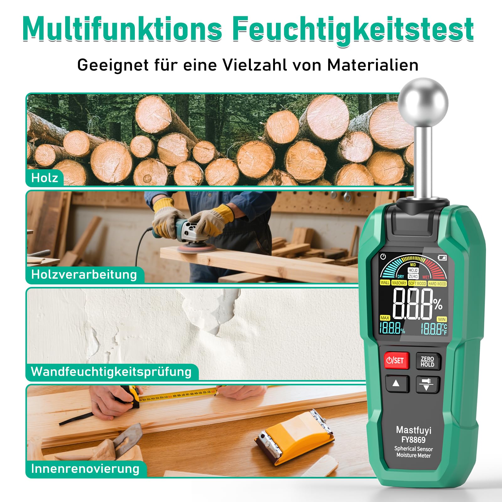 Misuratore di Umidità Non Distruttivo,Misuratore di umidità senza contatto per su Legno,Pareti,Cantiere,Allarmi,Rivelatore Umidità 20-40 mm