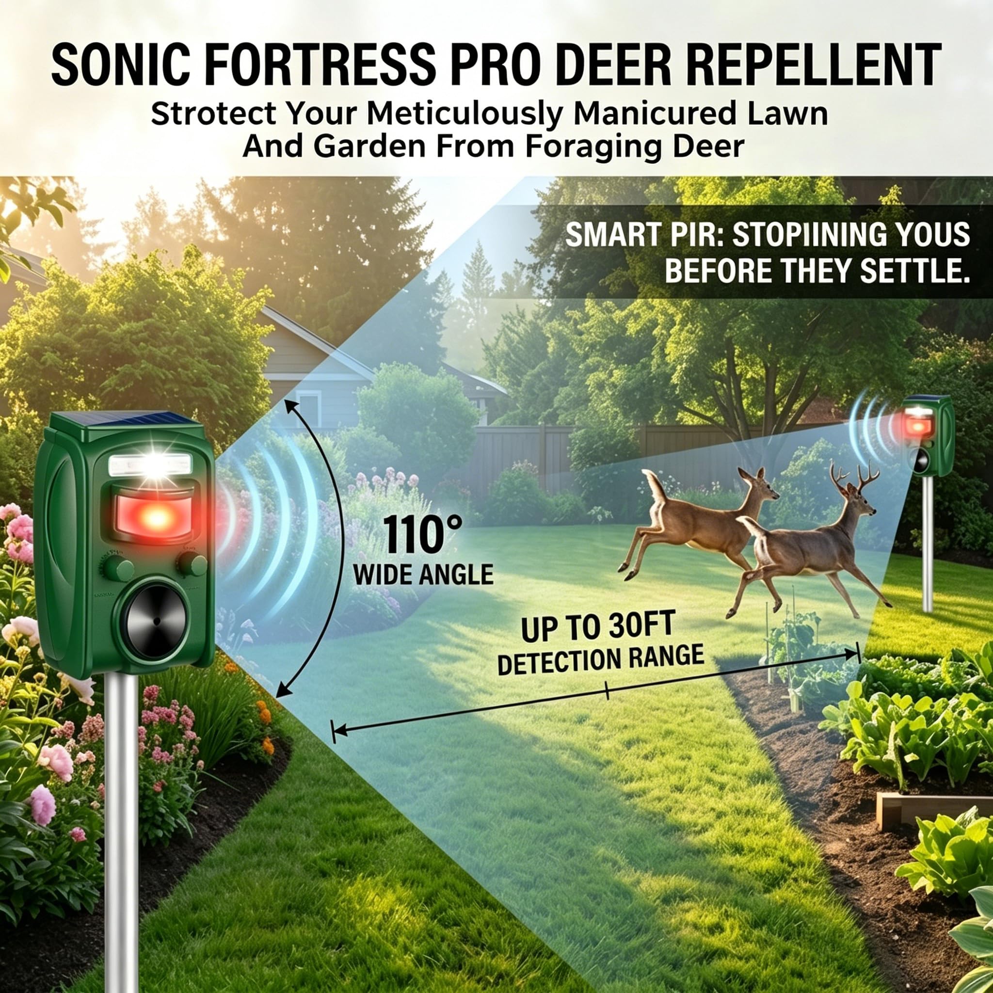 Paquete de 2 repelentes solares de animales ultrasónicos para exteriores con sensor de movimiento, luz estroboscópica para palomas, pájaros carpinteros, gatos, conejos, mapaches, ardillas, zorrillos