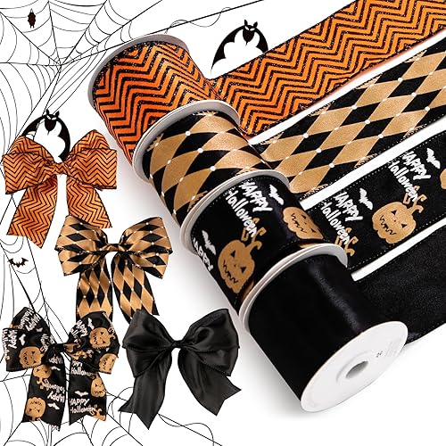 Miniatura 5 de Juego de 4 rollos de cinta con alambre de Halloween sin costuras, negro, naranja, dorado, de 40 yardas, 2.5 pulgadas x 10 yardas, cinta de arpillera