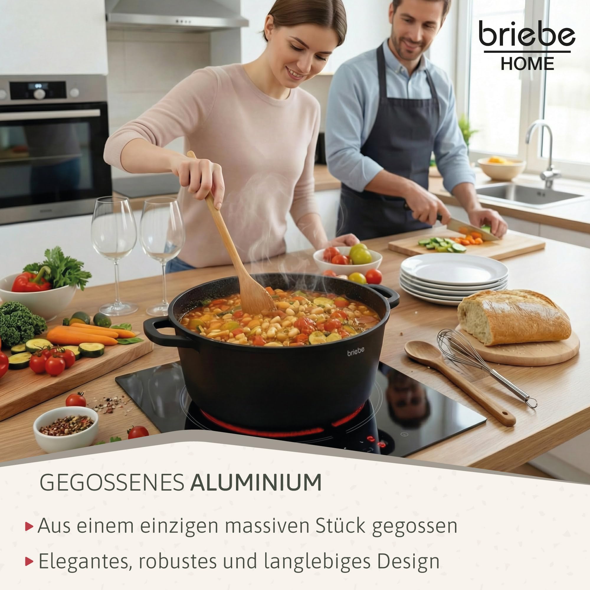 briebe Black Titanium Kochtopf Set Induktion Kochgeschirr 8-Teilig, 4 Töpfen aus Aluminiumguss, Antihaftbeschichtung Titan ohne PFOA, Deckeln aus Glass, Abnehmbaren Silikongriffen, Glaskeramik, Ofen