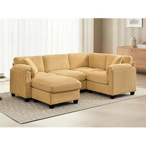 TUNYI Modular Sectional Sofa with Movable Ottoman, 90” Corduroy Modular Couch, 5 Seat Convertible Corner Couches with Padded Armrests for Living Room, Apartment (Yellow)