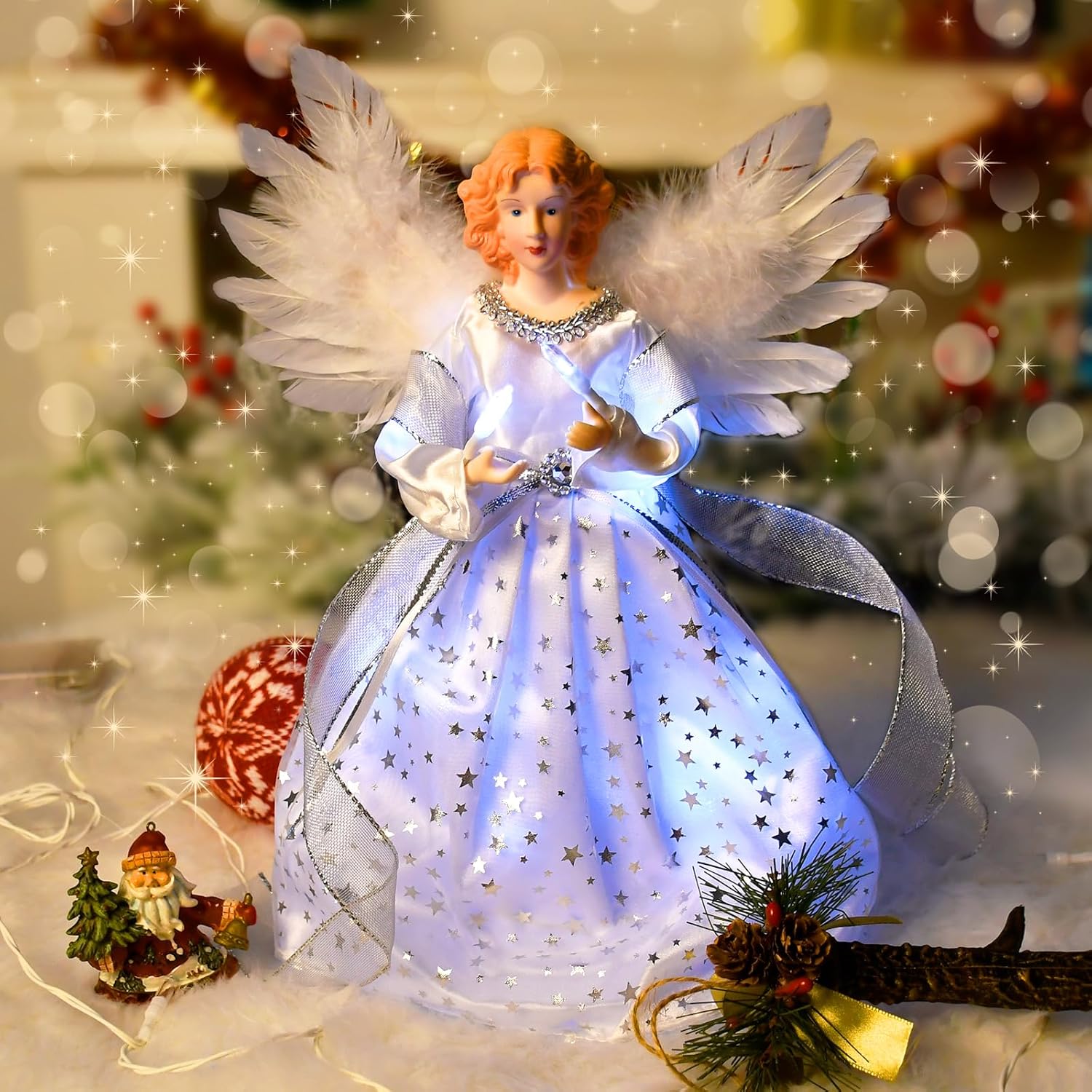Christmas Angel Tree Topper Lighted - Angel Tree Top with Light and Remote Control Function Christmas Tree Decoration with Feather Wings for Indoor Home Party Holiday Xmas Tree Decoration, Silver