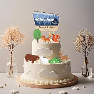 Custom Wedding Cake Topper Let the Adventure Begin 3D National Forest Park Cake Decoration with Personalized Names and Date Camping Wedding Topper in Wood and White Acrylic (Design 02)