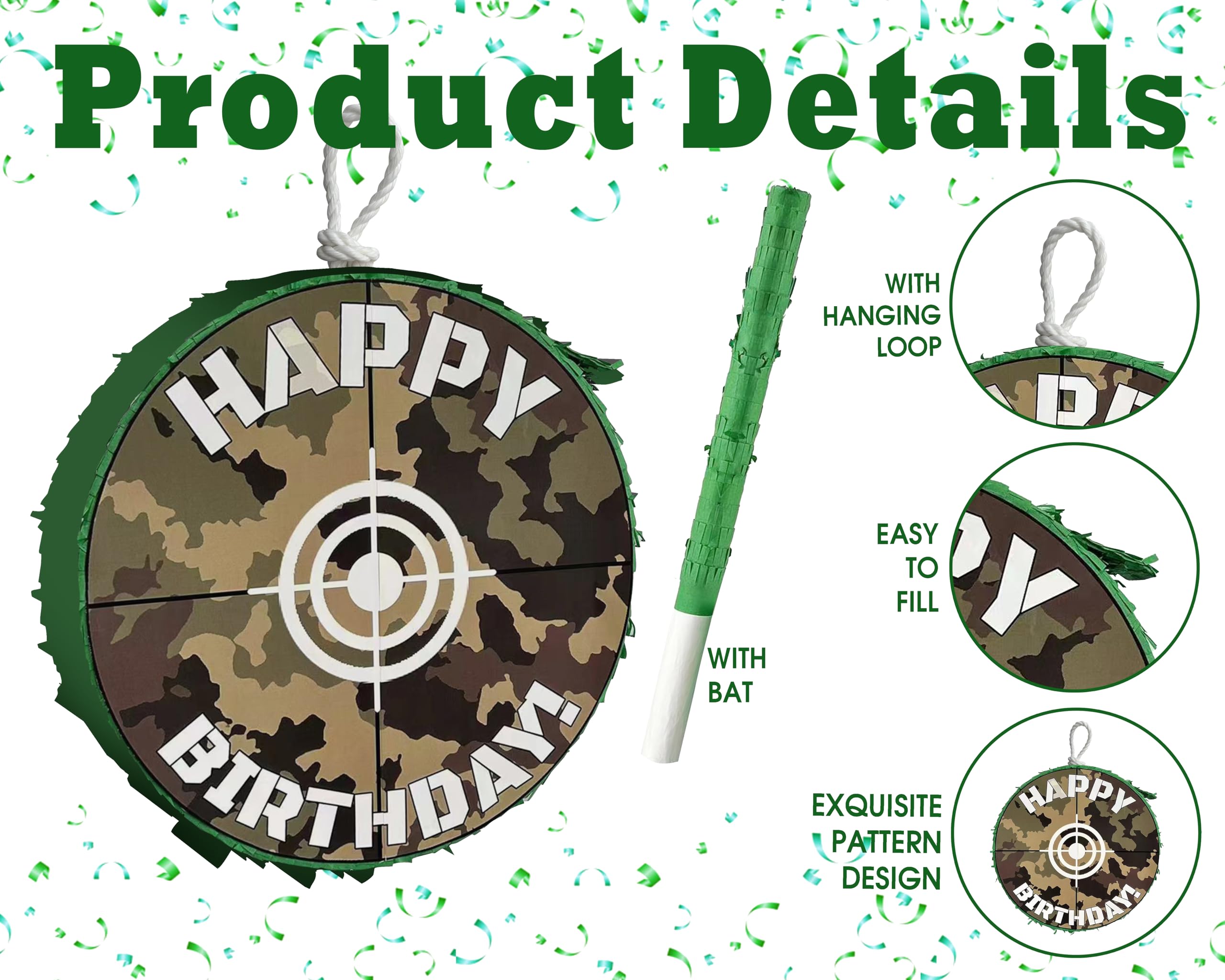 APINATA4U Green Camouflage Target Pinata Set with Stick and Blindfold, 16x4 Inches, Hunting Game Party Supplies, Happy Birthday Bullseye Decorations for Kids, Dart Gun and Army Themed Party