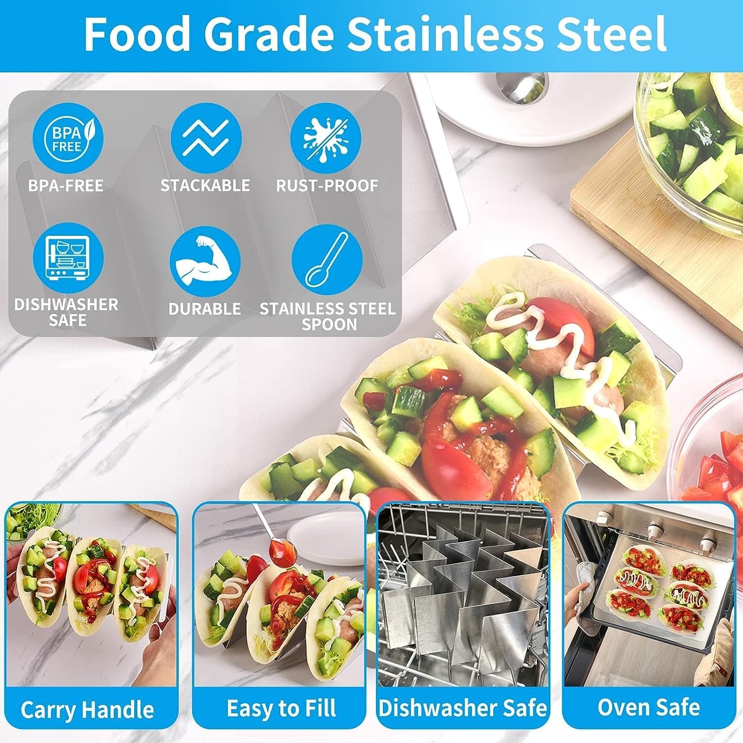 Honexa Taco Holders 2 Packs - Stainless Steel Taco Stand Rack Tray Style by, Oven Safe for Baking, Dishwasher and Grill Safe 2