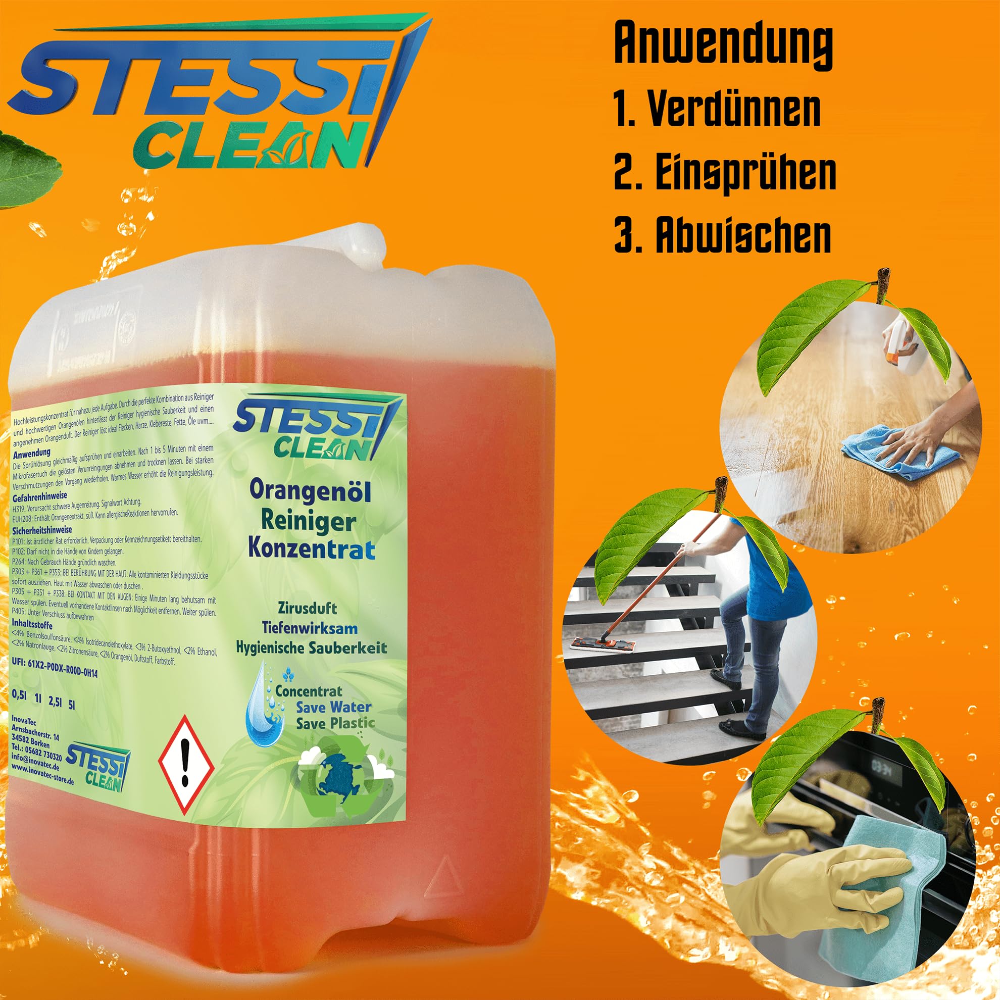 Orangenreiniger Konzentrat | Bodenreiniger Flüssig | Allzweckreiniger für Familien mit Kindern & Haustieren | Reinigungskonzentrat | Reinigungsmittel | 10 Liter