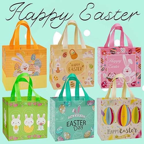 Miniatura 5 de Fayayuan 12 bolsas de regalo de Pascua grandes reutilizables con forma de huevo de conejo bolsas de mano no tejidas para envolver regalos juego de